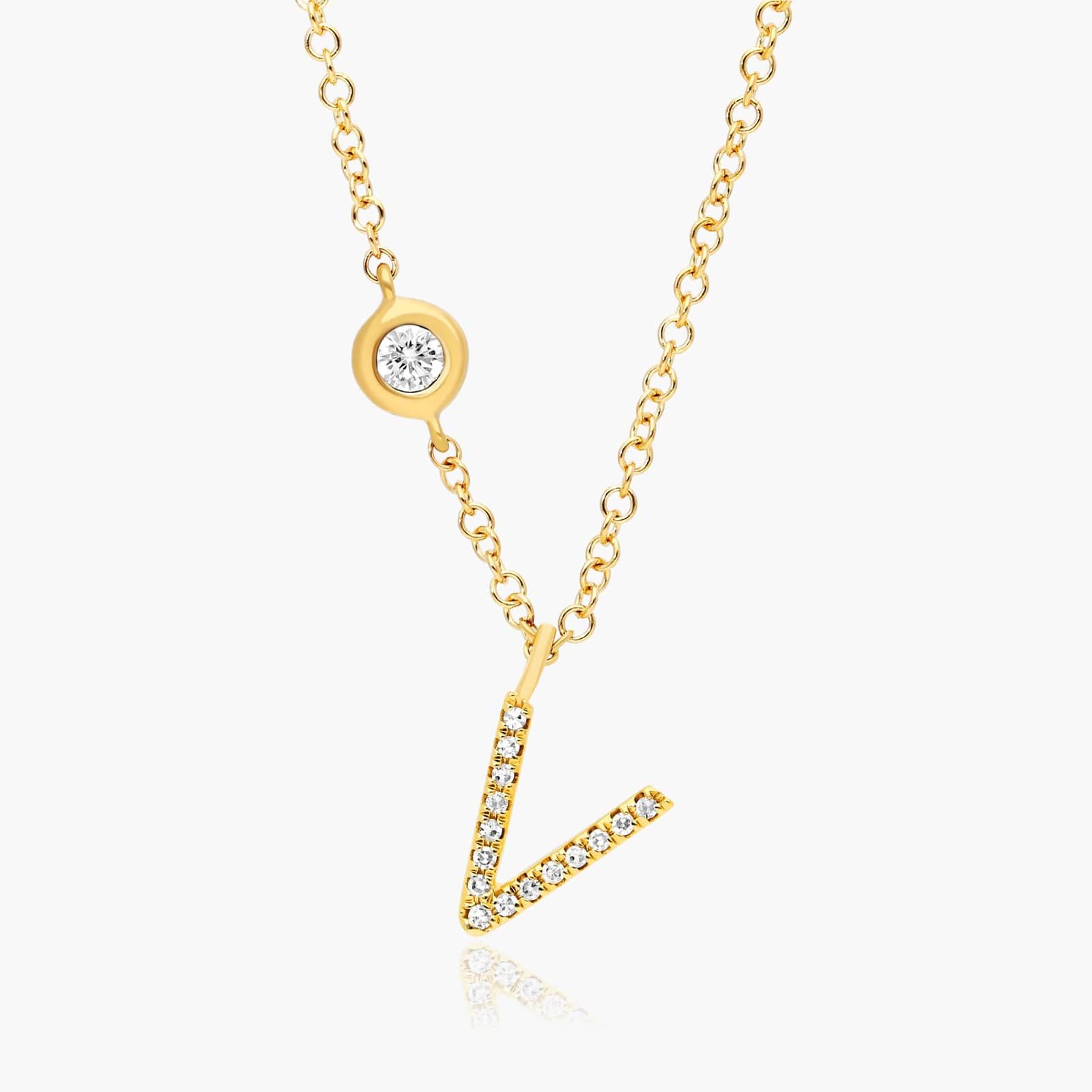 Initial V Diamond Necklace In 14K Yellow Gold
