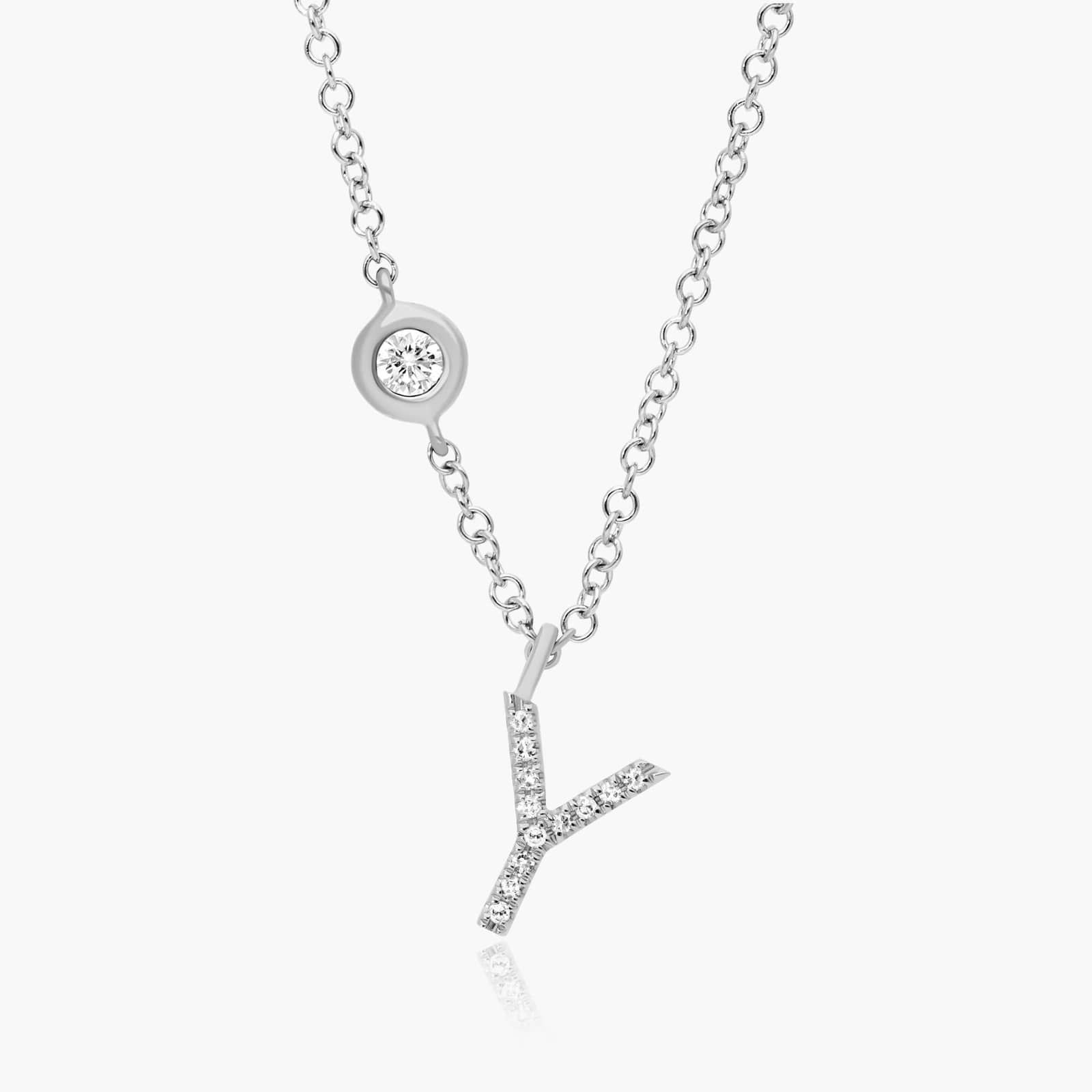 Initial Y Diamond Necklace In 14K White Gold