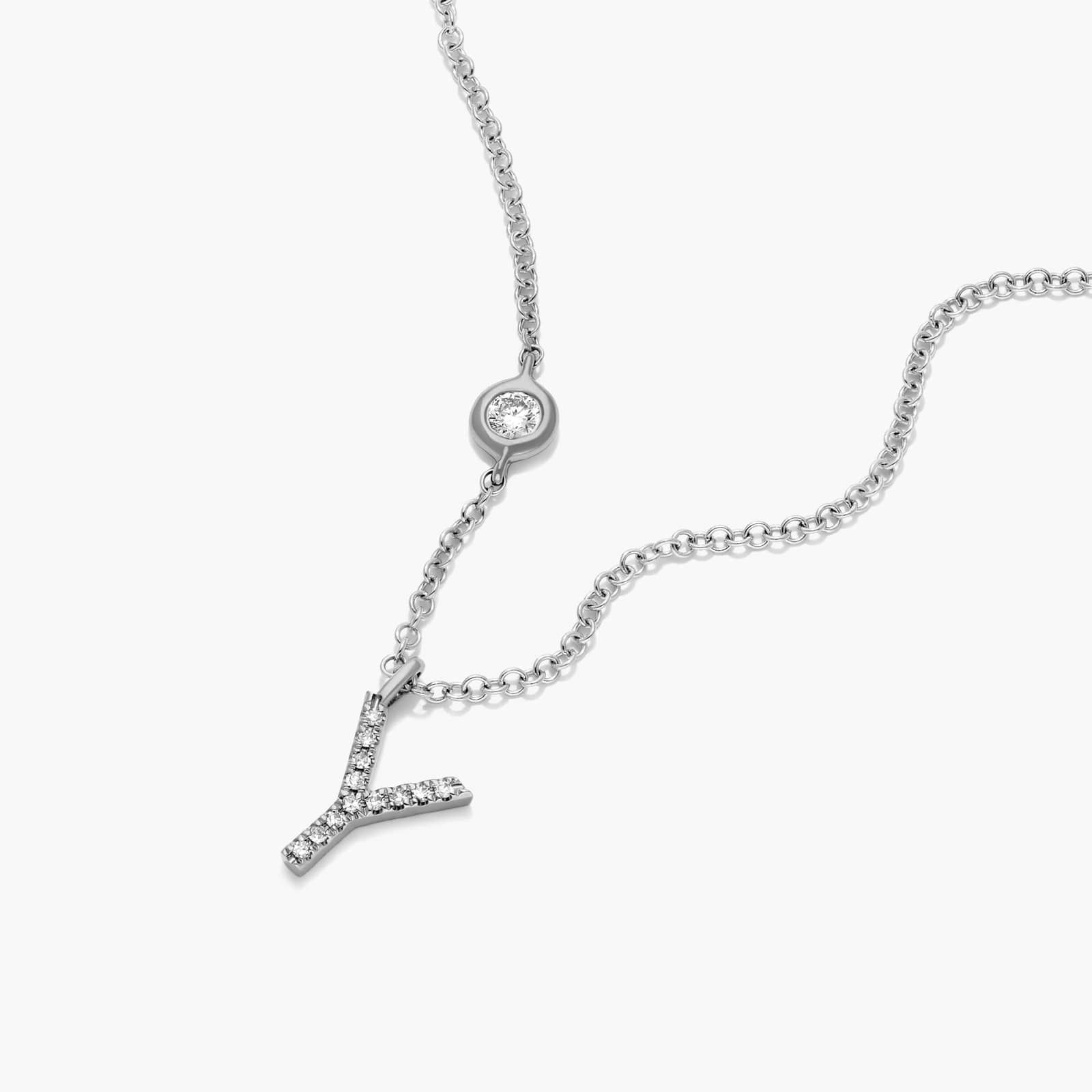 Initial Y Diamond Necklace In 14K White Gold