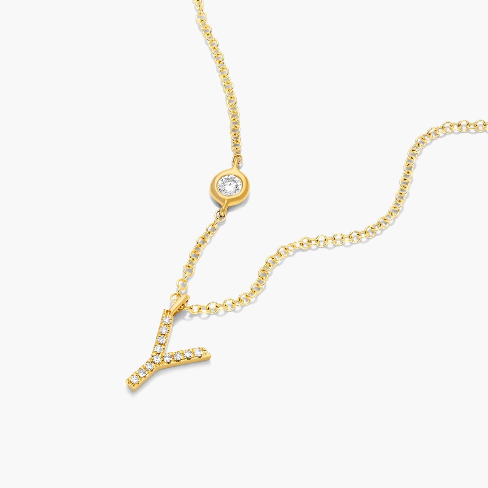 Initial Y Diamond Necklace In 14K Yellow Gold