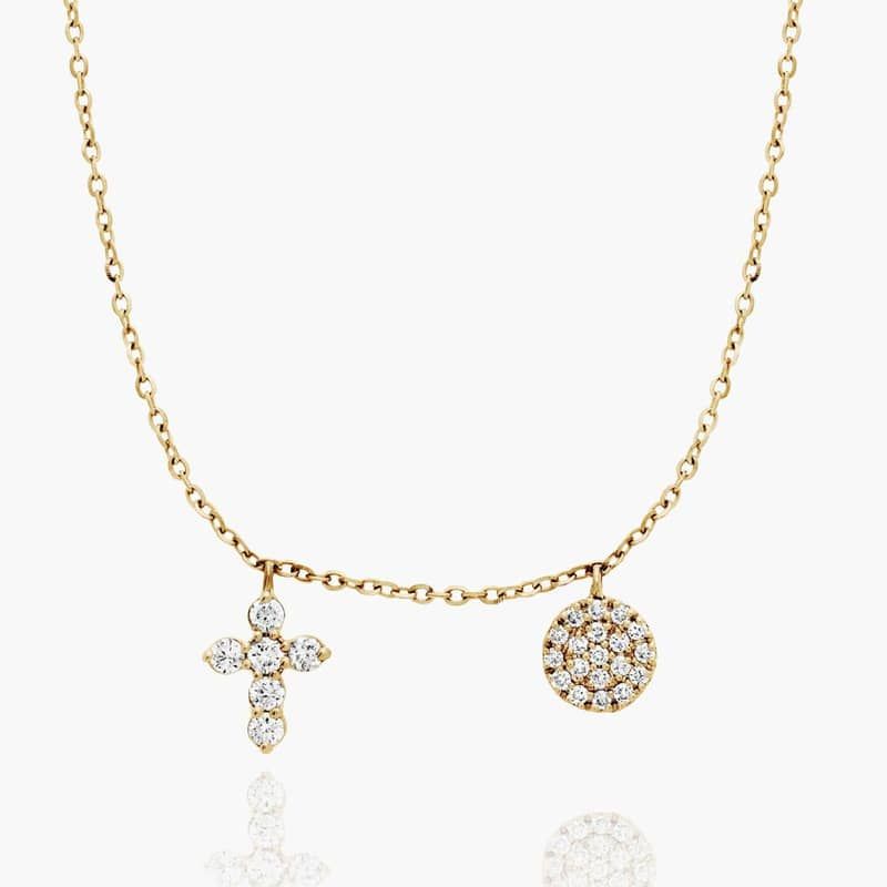 14K Yellow Gold Dainty Diamonds Pavé Circle Cross Necklace