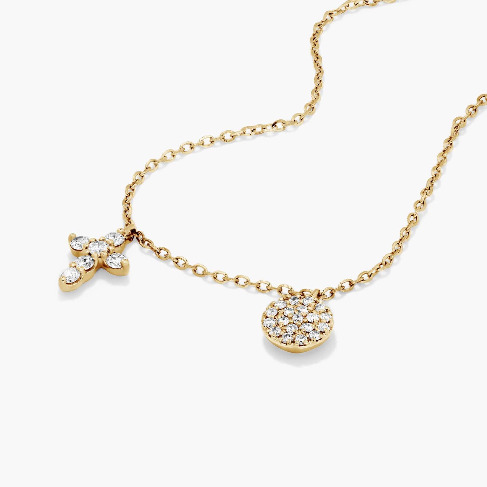 14K Yellow Gold Dainty Diamonds Pavé Circle Cross Necklace