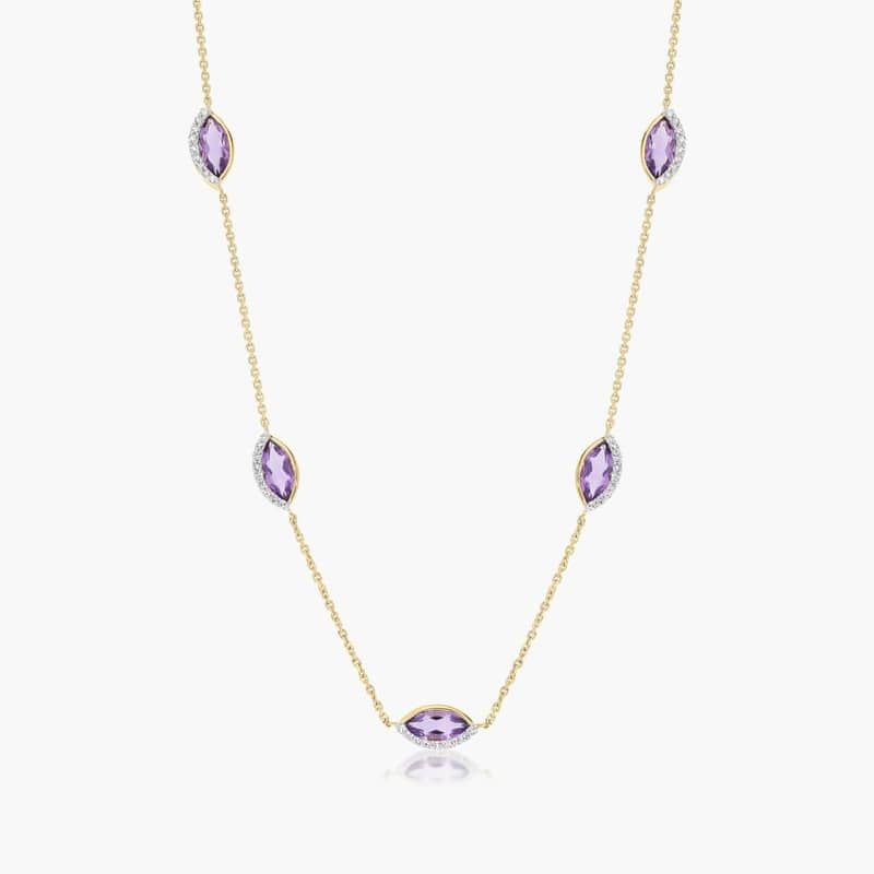 14K Yellow Gold Radiant Reflections Marquise Shaped Amethyst Station Necklace