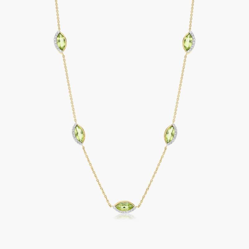 14K Yellow Gold Radiant Reflections Marquise Shaped Peridot & Round Diamonds Station Necklace