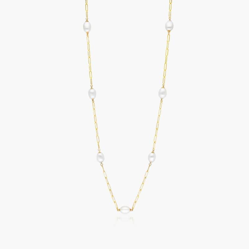 14K Yellow Gold Freshwater Cultured Pearl Station Paperclip Necklace