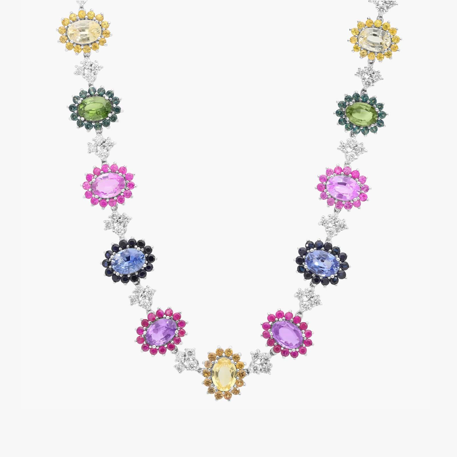 Multicolor Sapphire And Diamond Necklace In 14K White Gold