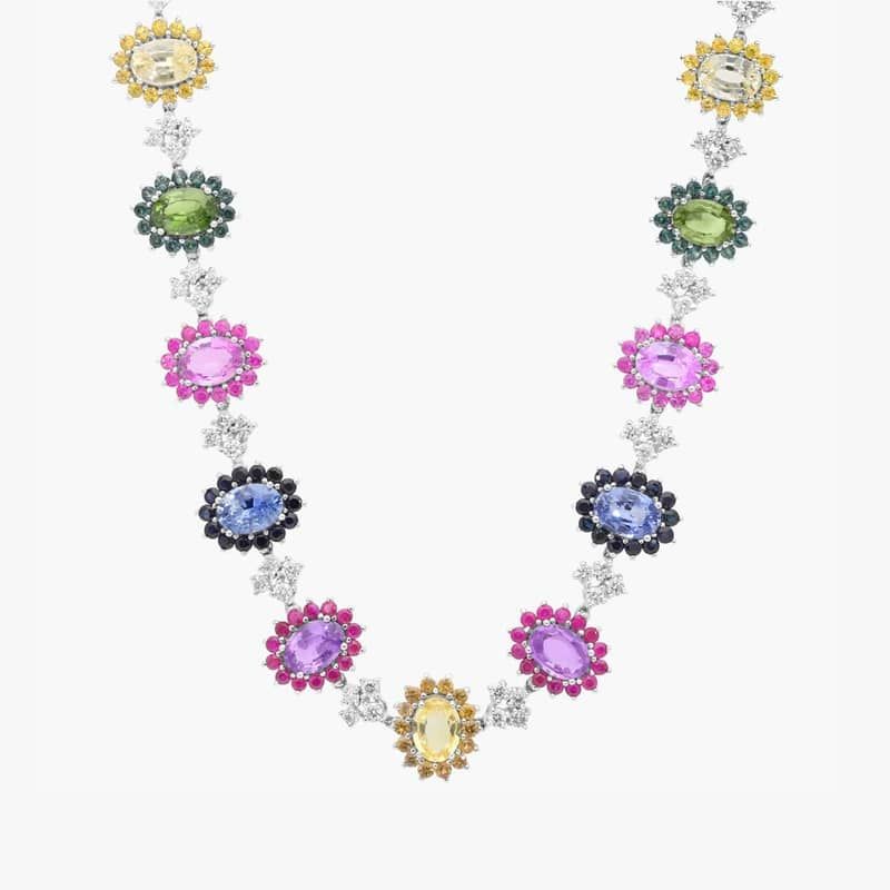 Multicolor Sapphire And Diamond Necklace In 14K White Gold