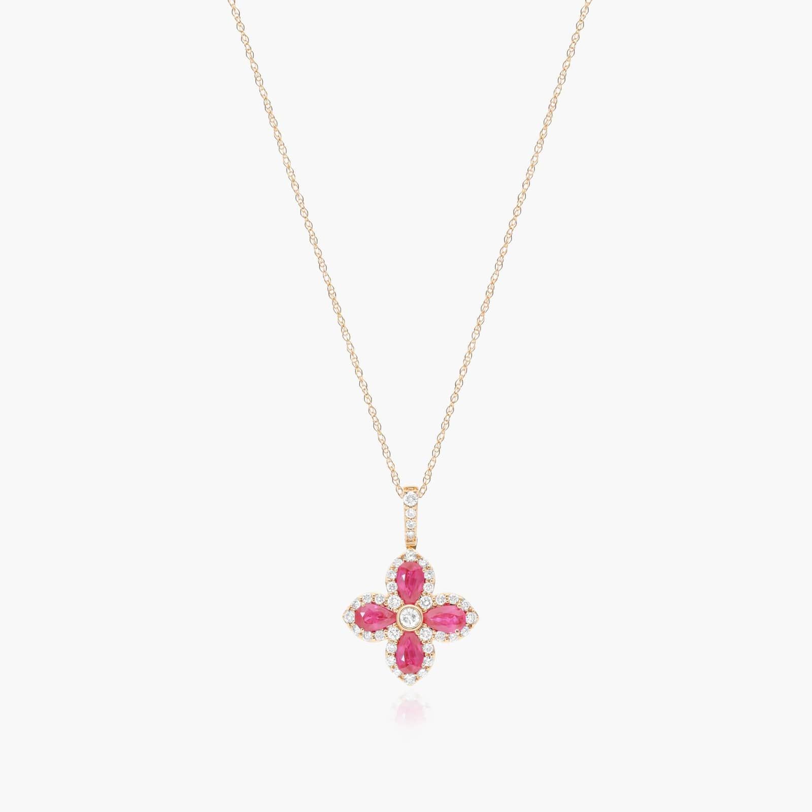 14K Yellow Gold Lily Motif Ruby and Diamond Necklace