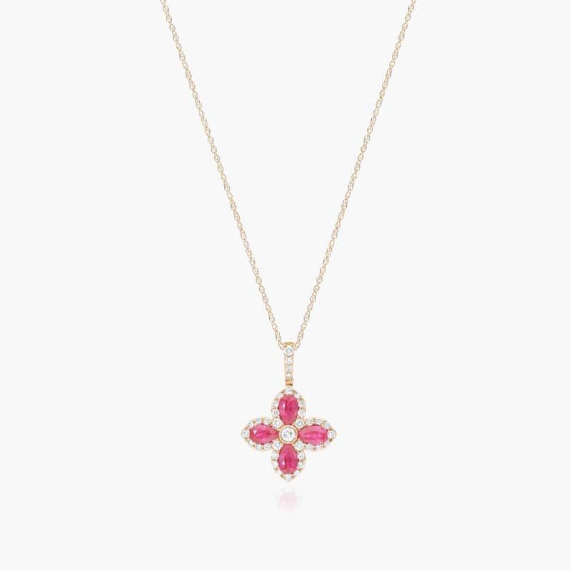 14K Yellow Gold Lily Motif Ruby and Diamond Necklace