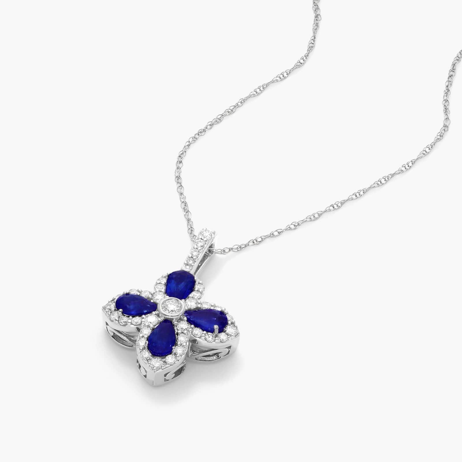 14K White Gold Lily Motif Sapphire and Diamond Necklace