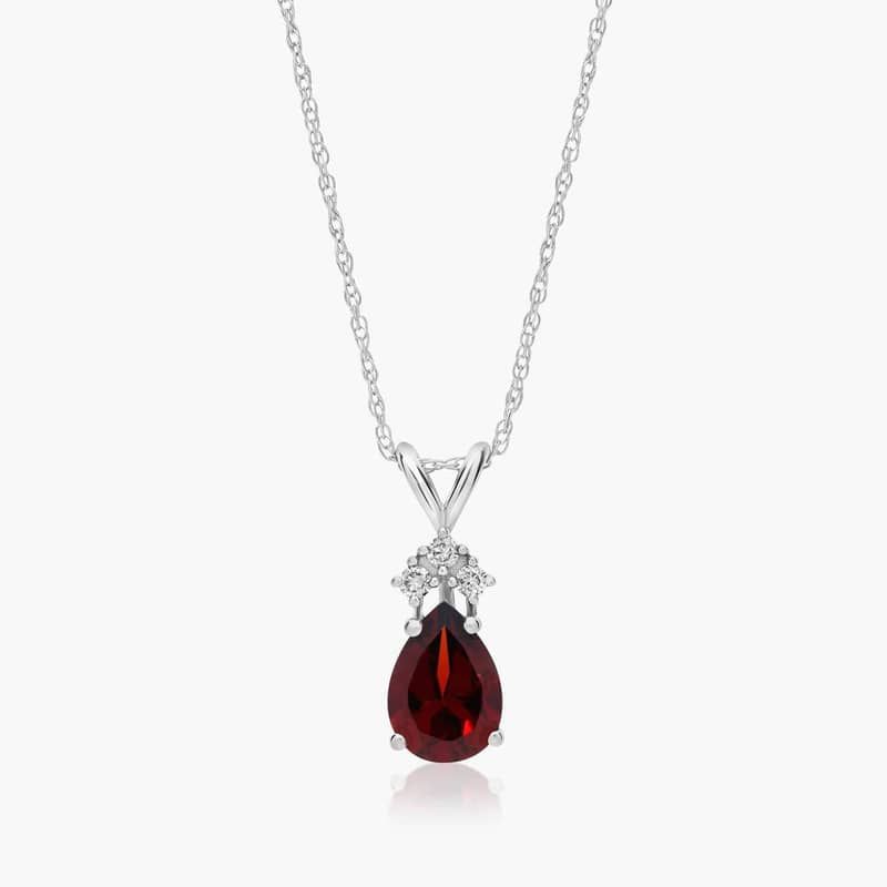 14K White Gold Pear Shaped Garnet & Tri-Diamond Birthstone Pendant Necklace