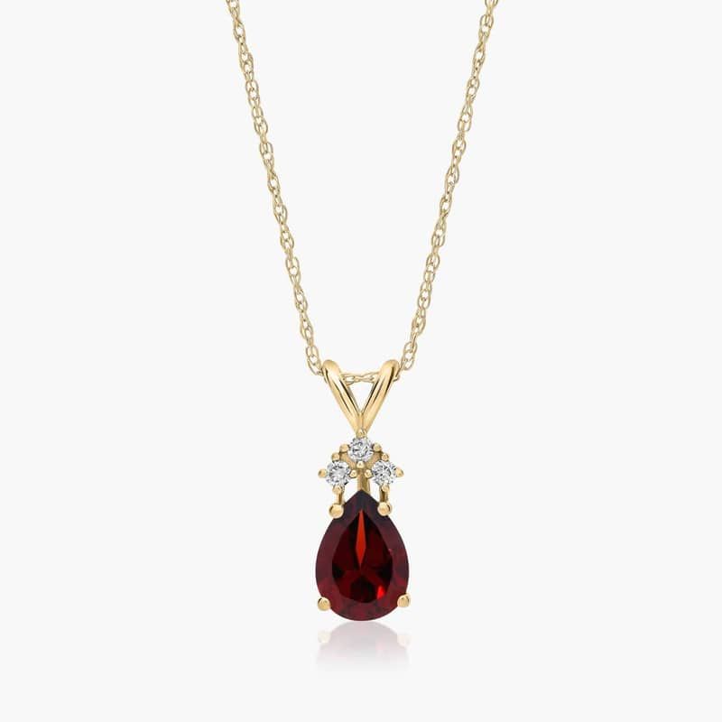 14K Yellow Gold Pear Shaped Garnet & Tri-Diamond Birthstone Pendant Necklace