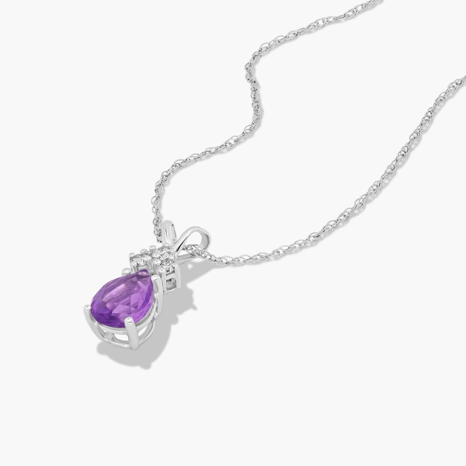14K White Gold Pear Shaped Amethyst & Tri-Diamond Birthstone Pendant Necklace
