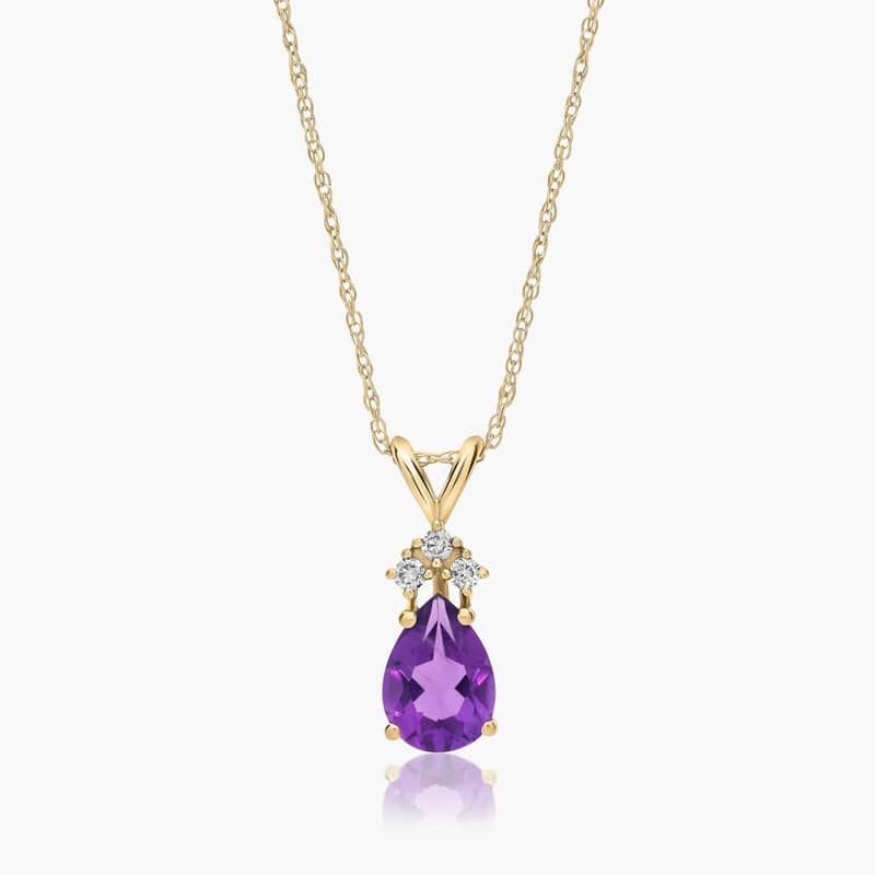 14K Yellow Gold Pear Shaped Amethyst & Tri-Diamond Birthstone Pendant Necklace By James Allen