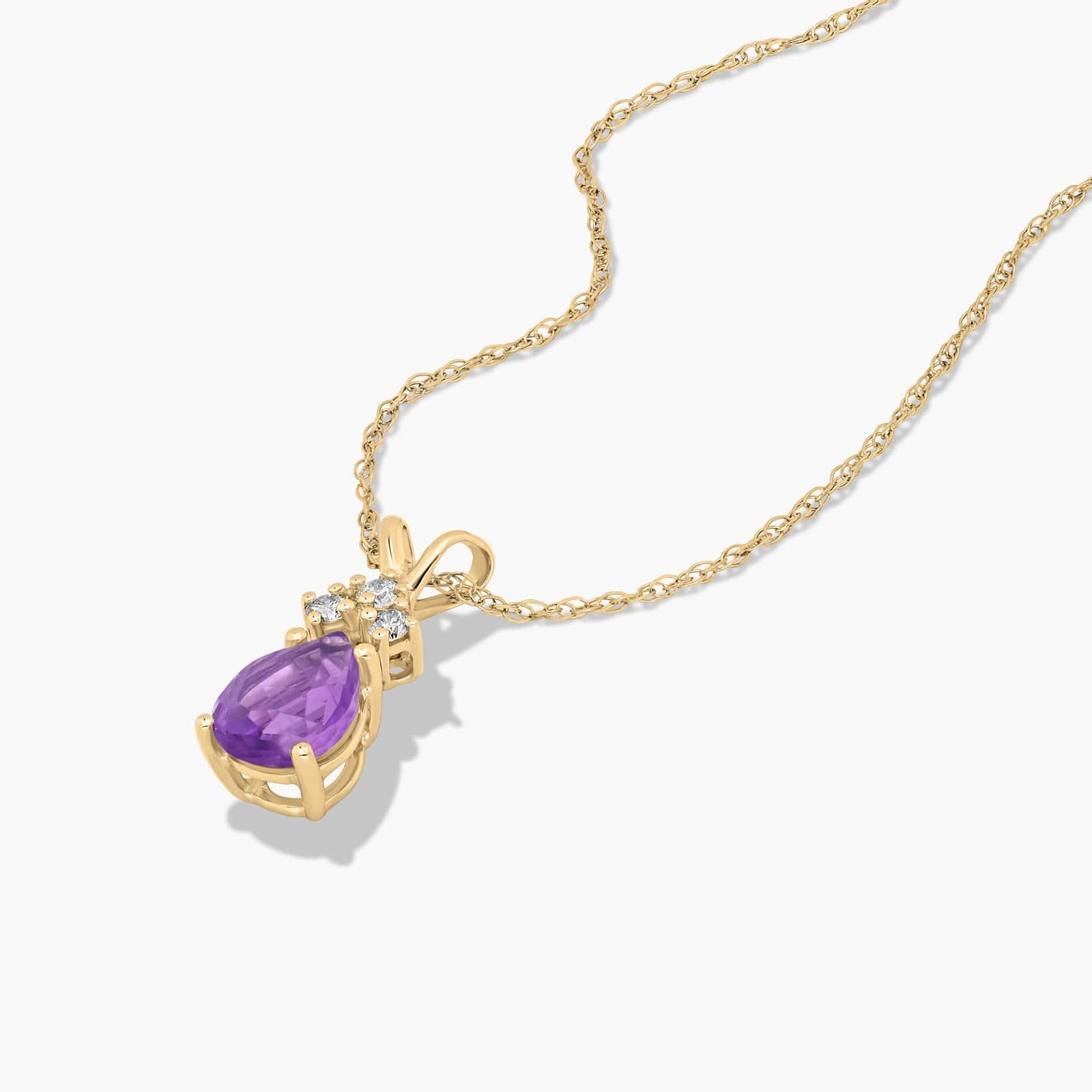 14K Yellow Gold Pear Shaped Amethyst & Tri-Diamond Birthstone Pendant Necklace