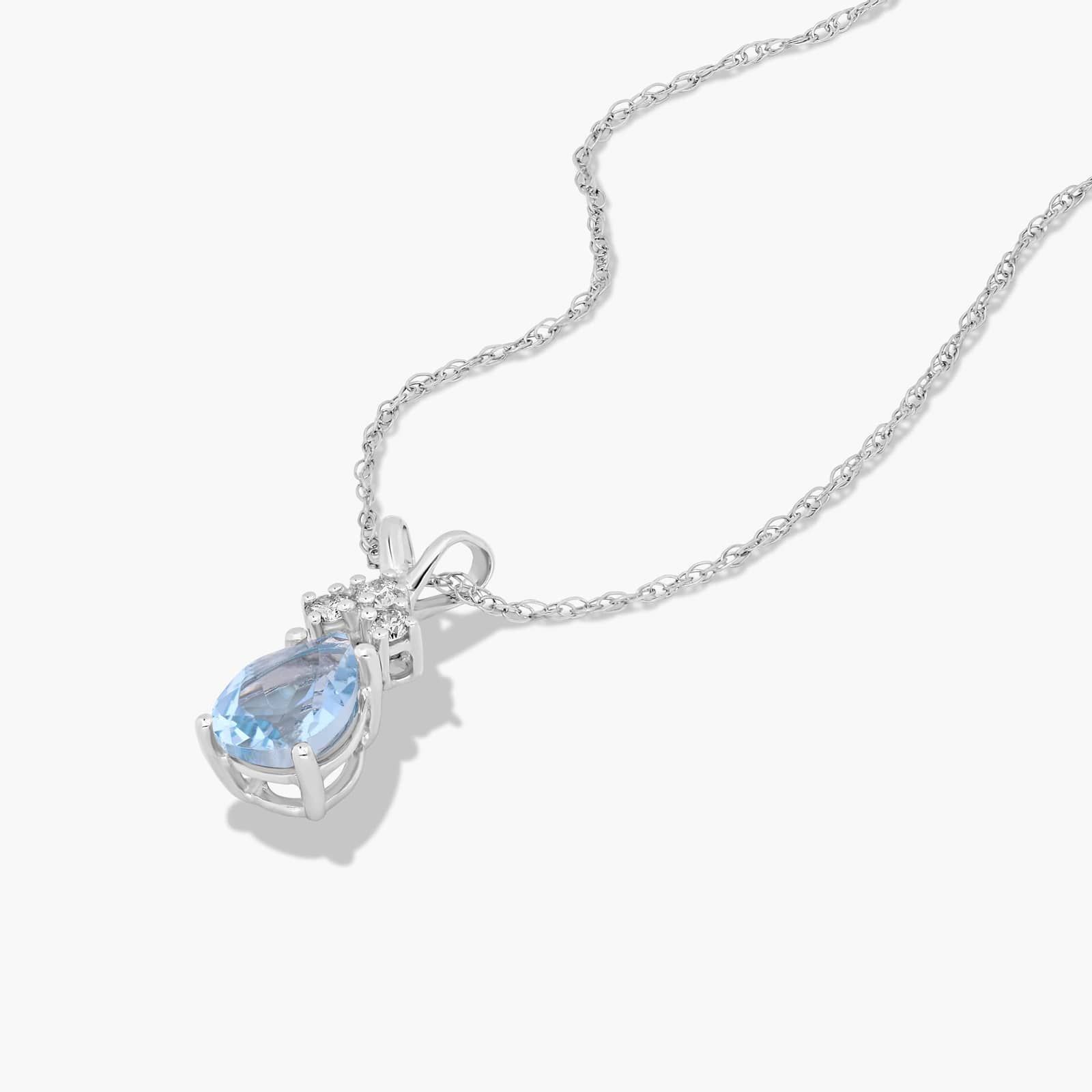 14K White Gold Pear Shaped Aquamarine & Tri-Diamond Birthstone Pendant Necklace