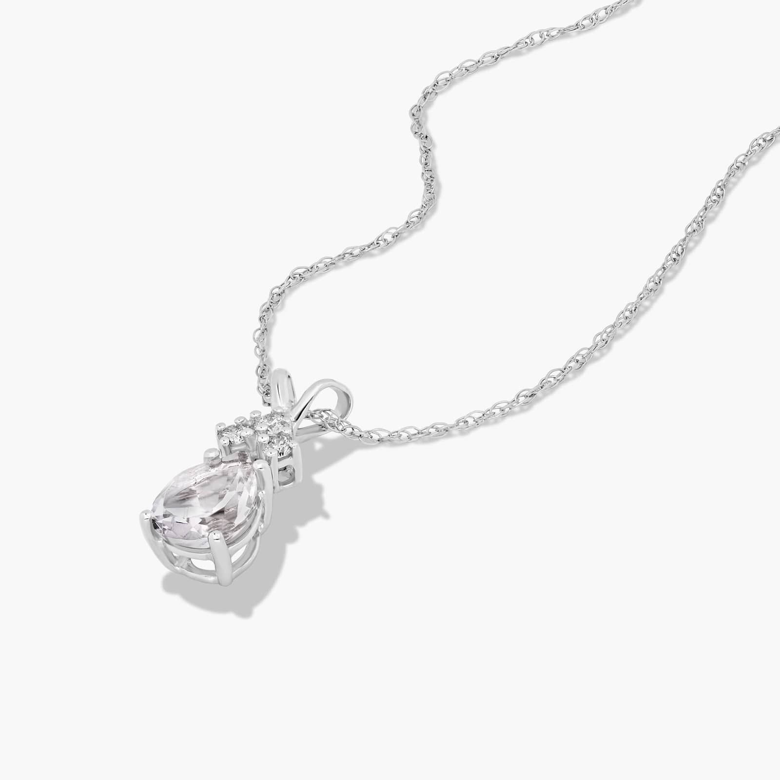 14K White Gold Pear Shaped White Topaz & Tri-Diamond Birthstone Pendant Necklace