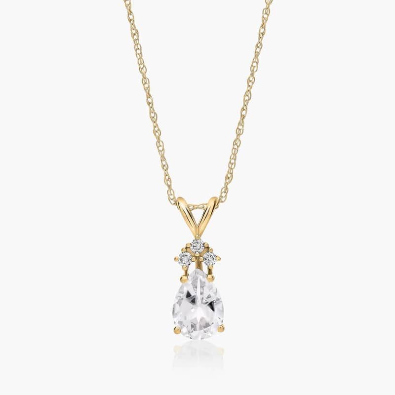 14K Yellow Gold Pear Shaped White Topaz & Tri-Diamond Birthstone Pendant Necklace By James Allen