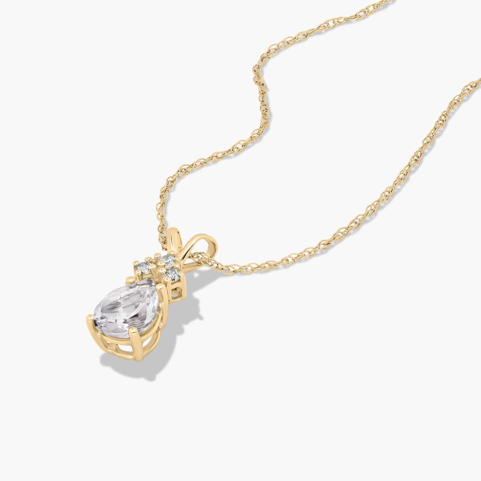 14K Yellow Gold Pear Shaped White Topaz & Tri-Diamond Birthstone Pendant Necklace