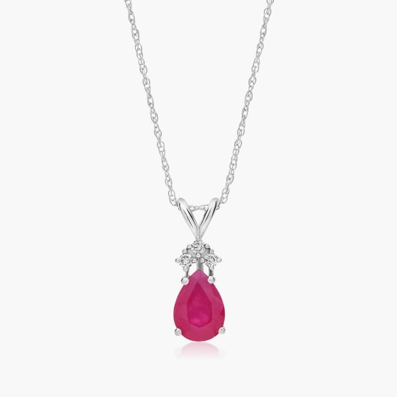 14K White Gold Pear Shaped Ruby & Tri-Diamond Birthstone Pendant Necklace