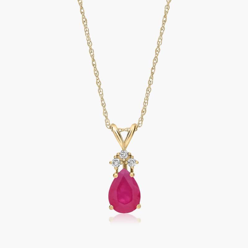 14K Yellow Gold Pear Shaped Ruby & Tri-Diamond Birthstone Pendant Necklace