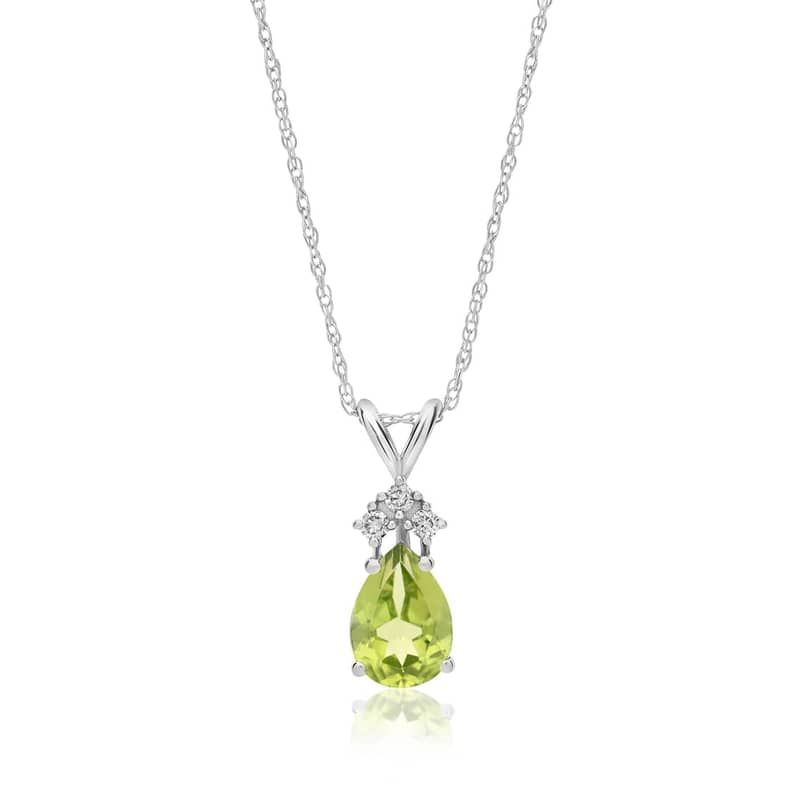 14K White Gold Pear Shaped Peridot & Tri-Diamond Birthstone Pendant Necklace