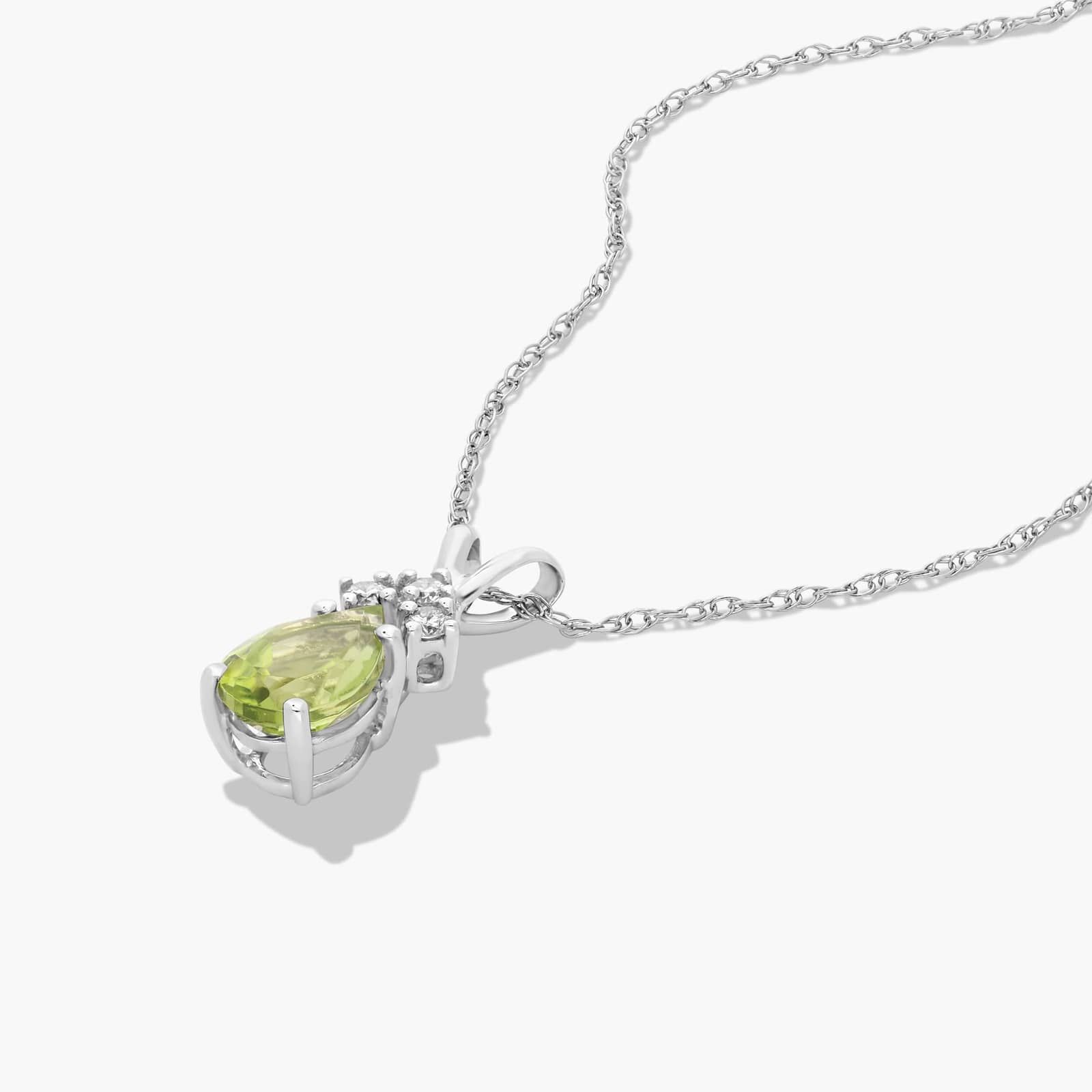 14K White Gold Pear Shaped Peridot & Tri-Diamond Birthstone Pendant Necklace