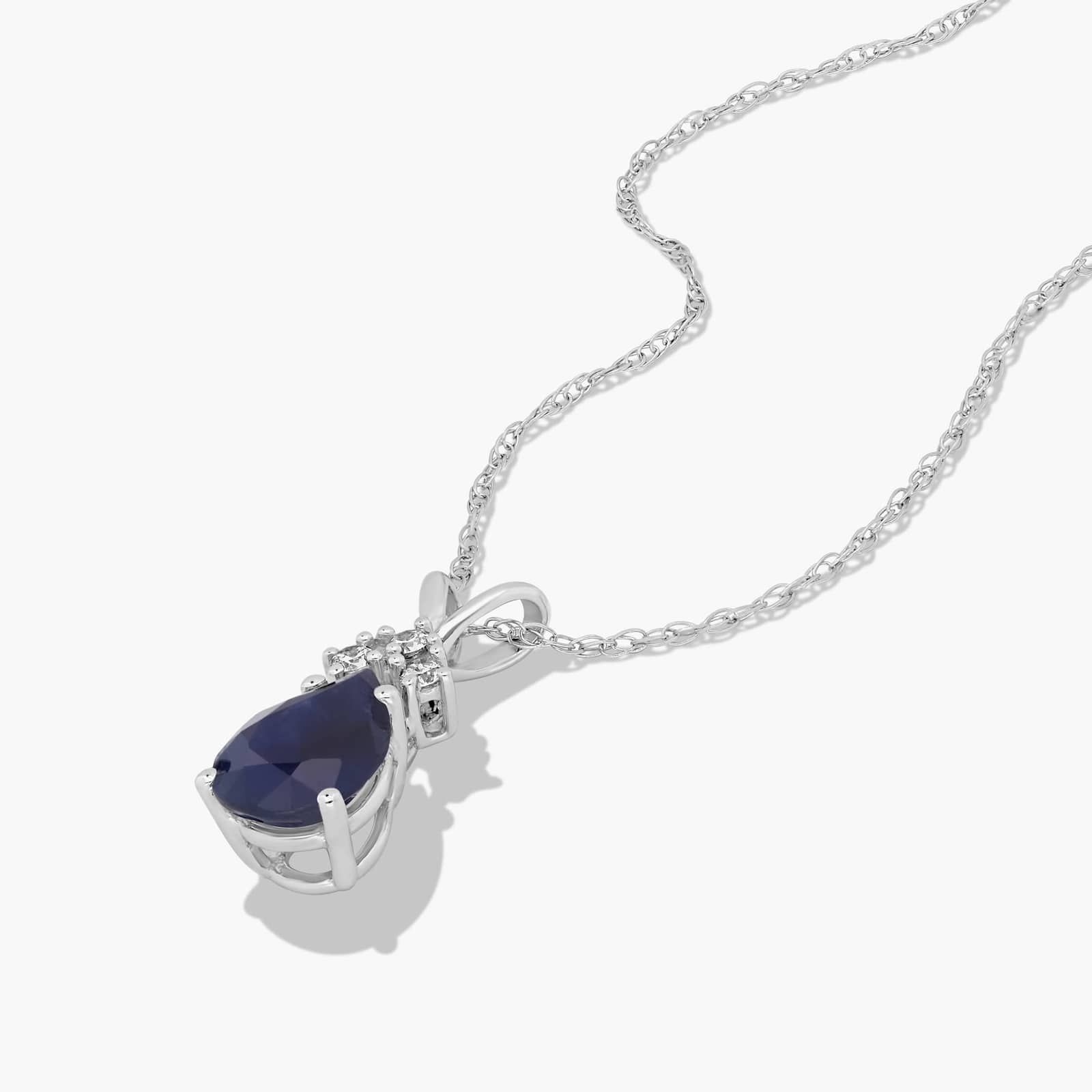 14K White Gold Pear Shaped Sapphire & Tri-Diamond Birthstone Pendant Necklace