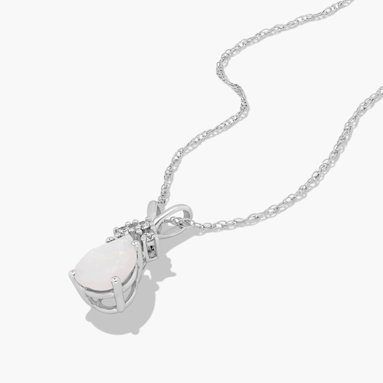 14K White Gold Pear Shaped Opal & Tri-Diamond Birthstone Pendant Necklace