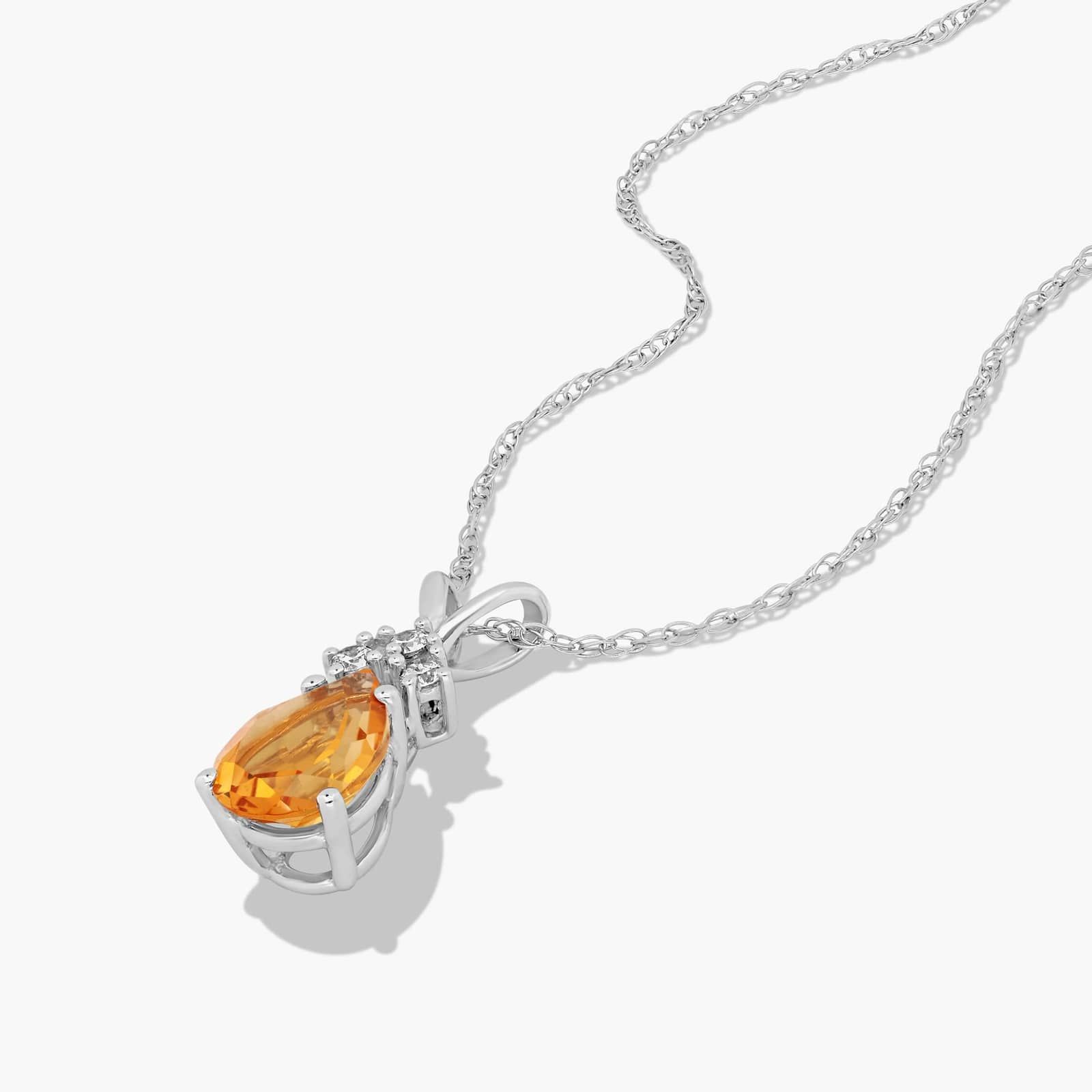 14K White Gold Pear Shaped Citrine & Tri-Diamond Birthstone Pendant Necklace