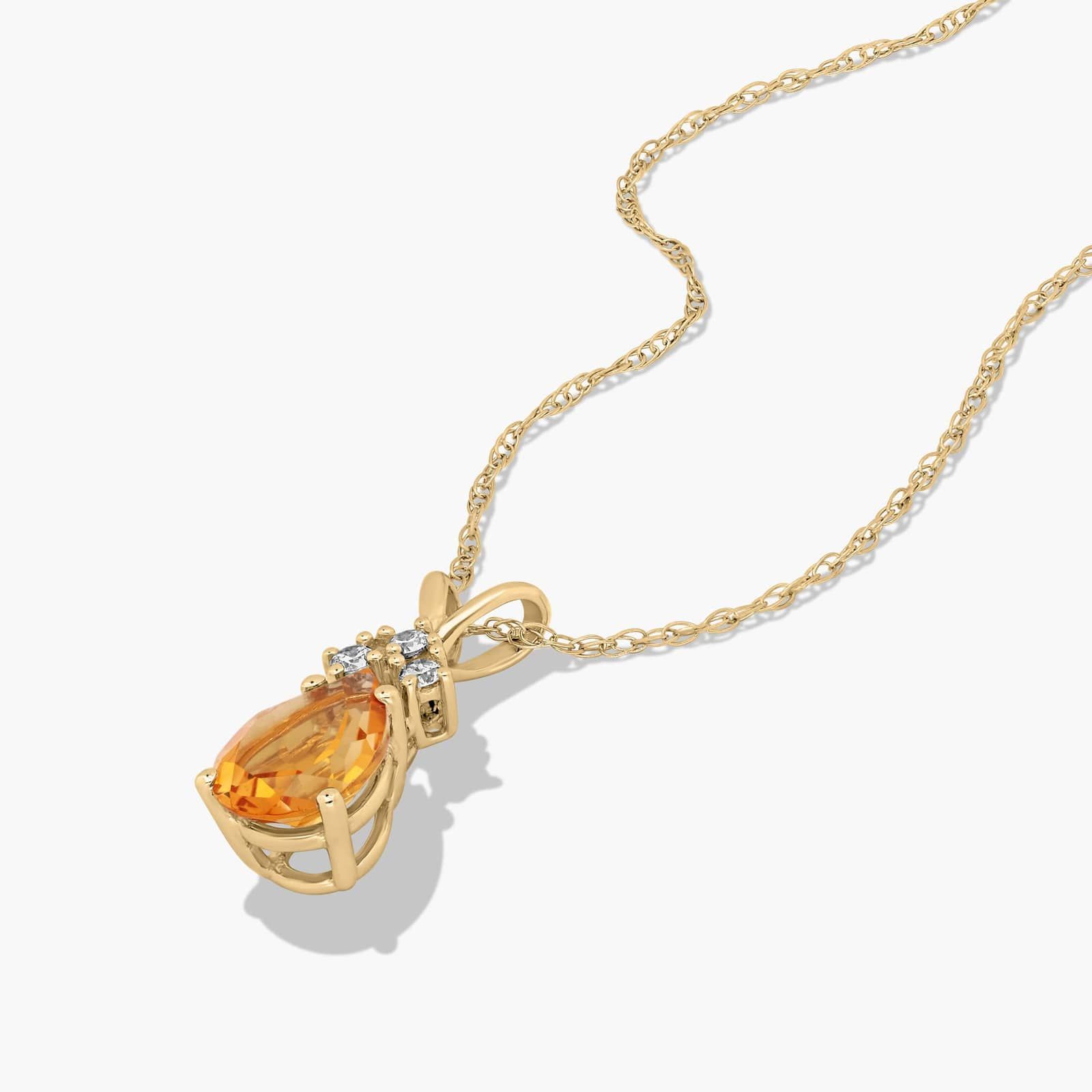 14K Yellow Gold Pear Shaped Citrine & Tri-Diamond Birthstone Pendant Necklace