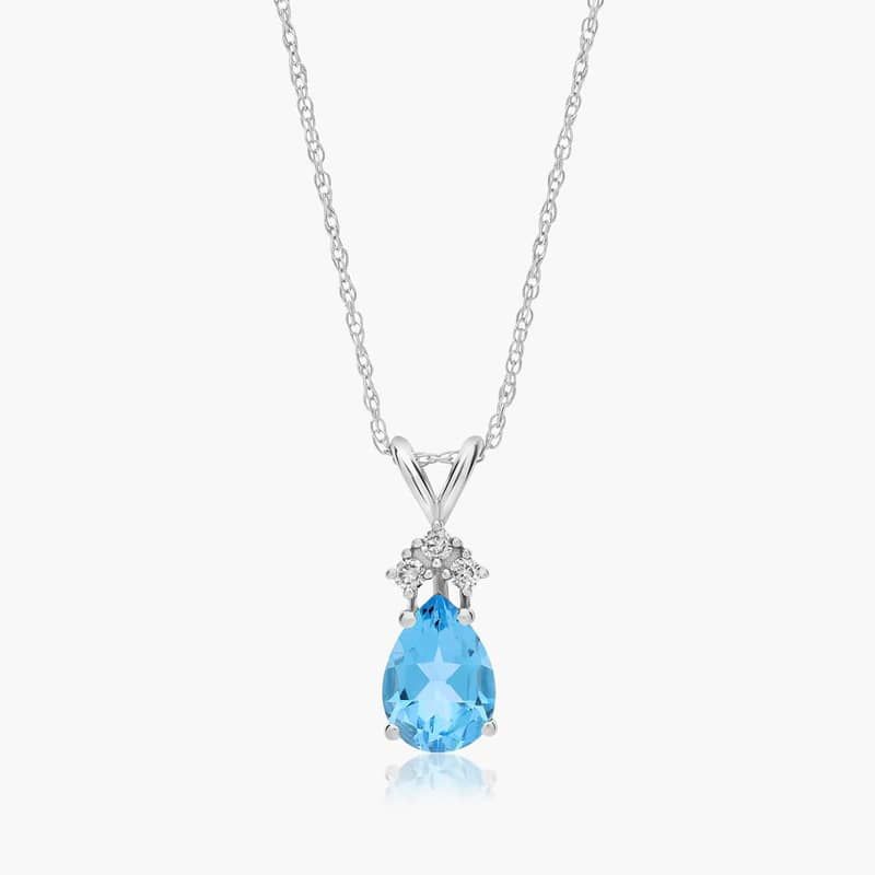 14K White Gold Pear Shaped Swiss Blue Topaz & Tri-Diamond Birthstone Pendant Necklace By James Allen