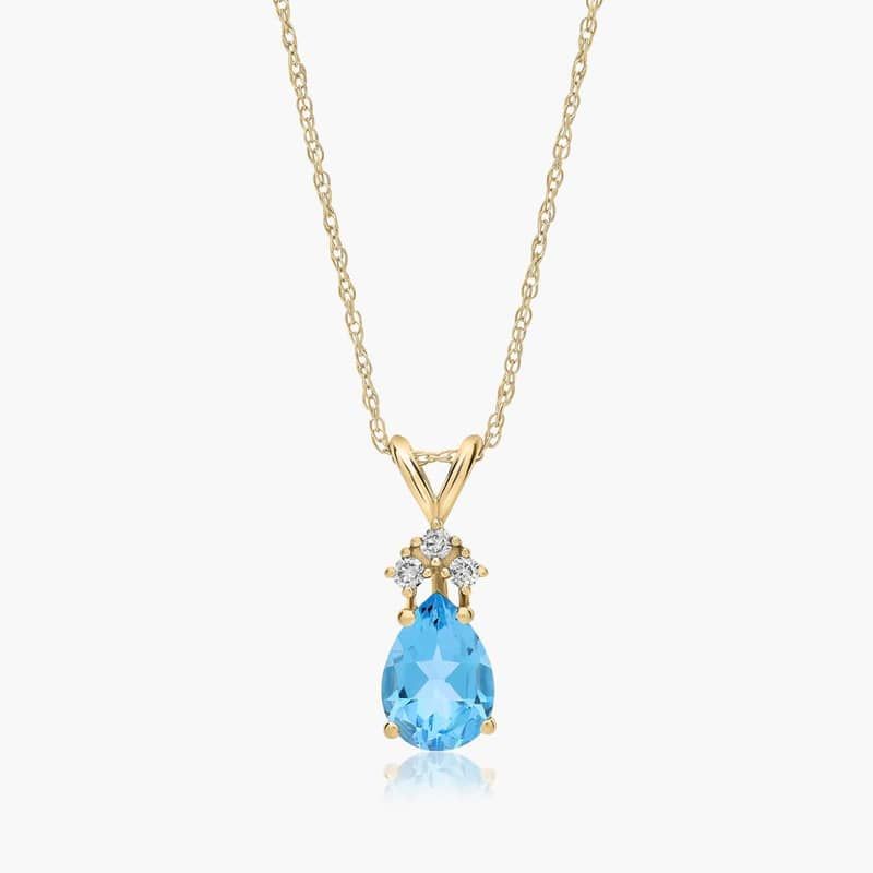 14K Yellow Gold Pear Shaped Swiss Blue Topaz & Tri-Diamond Birthstone Pendant Necklace