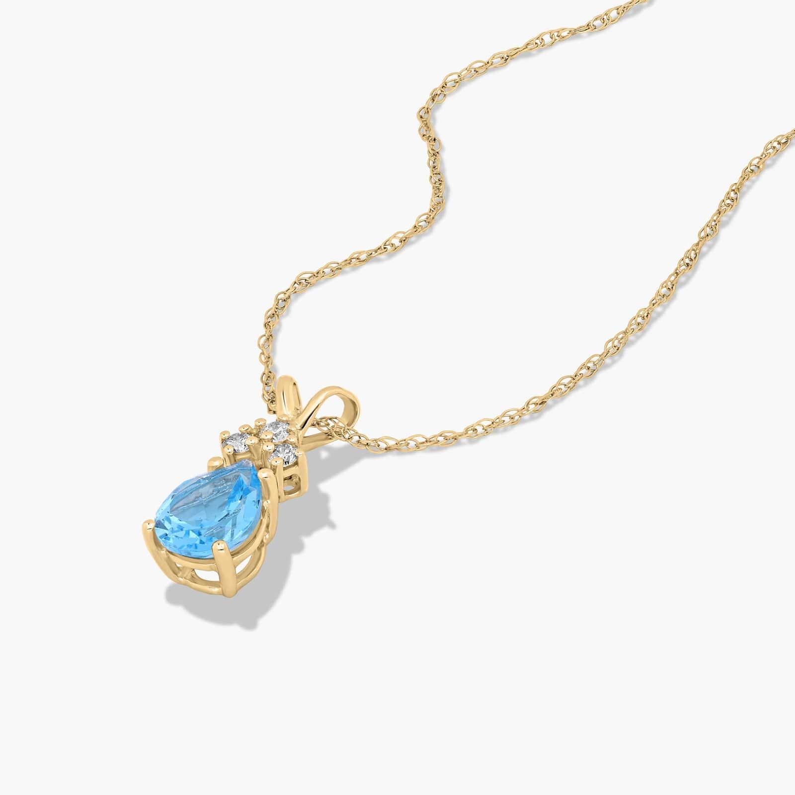 14K Yellow Gold Pear Shaped Swiss Blue Topaz & Tri-Diamond Birthstone Pendant Necklace