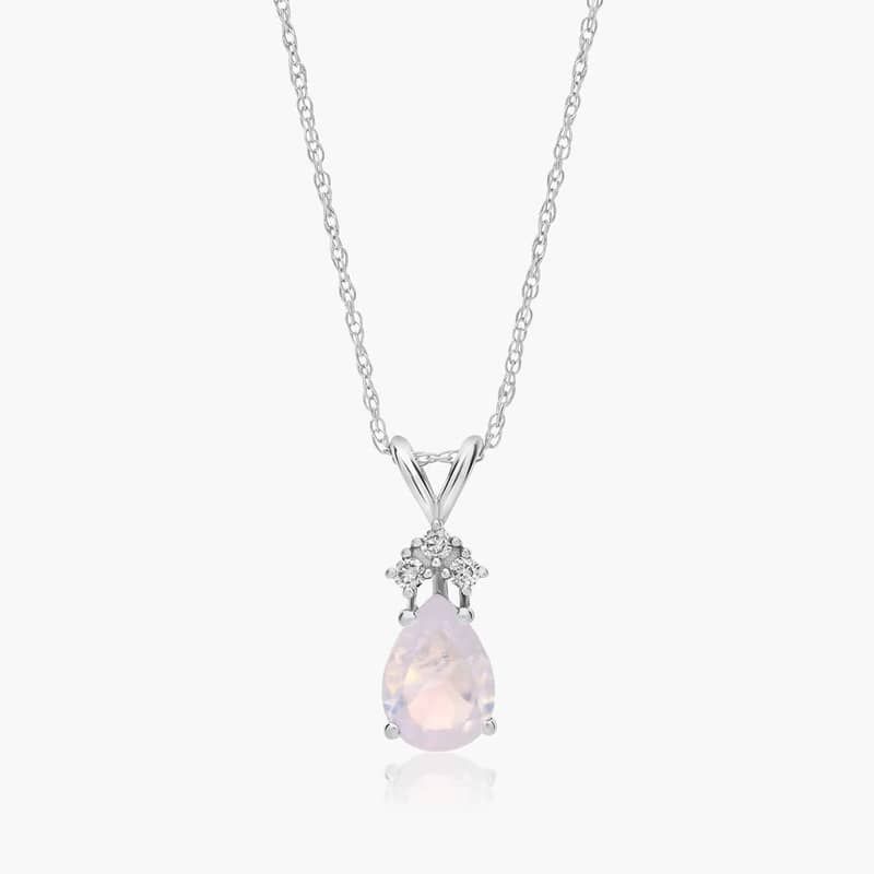 14K White Gold Pear Shaped Rainbow Moonstone & Tri-Diamond Birthstone Pendant Necklace