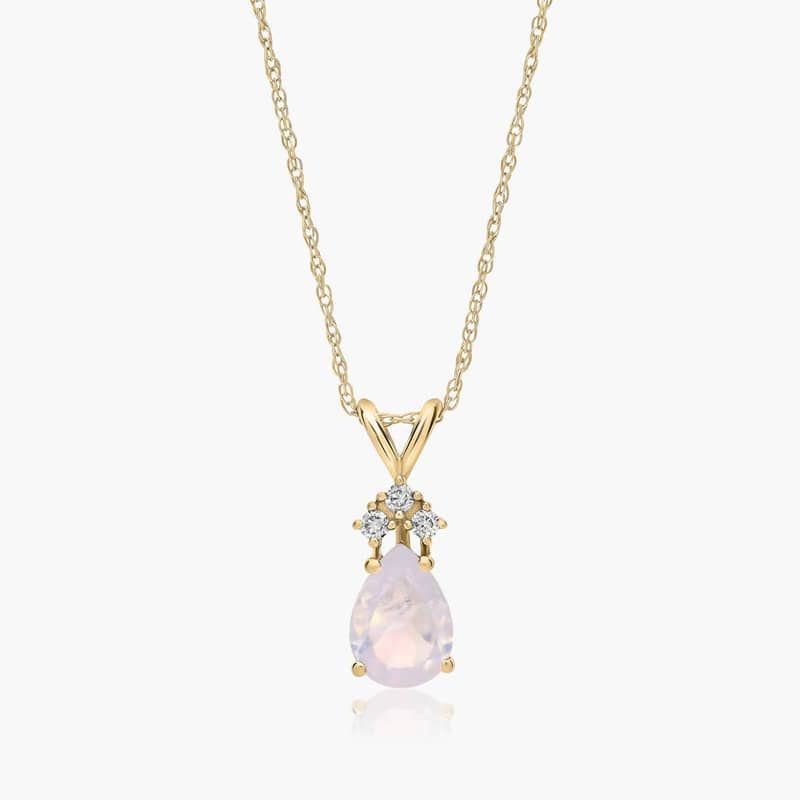 14K Yellow Gold Pear Shaped Rainbow Moonstone & Tri-Diamond Birthstone Pendant Necklace