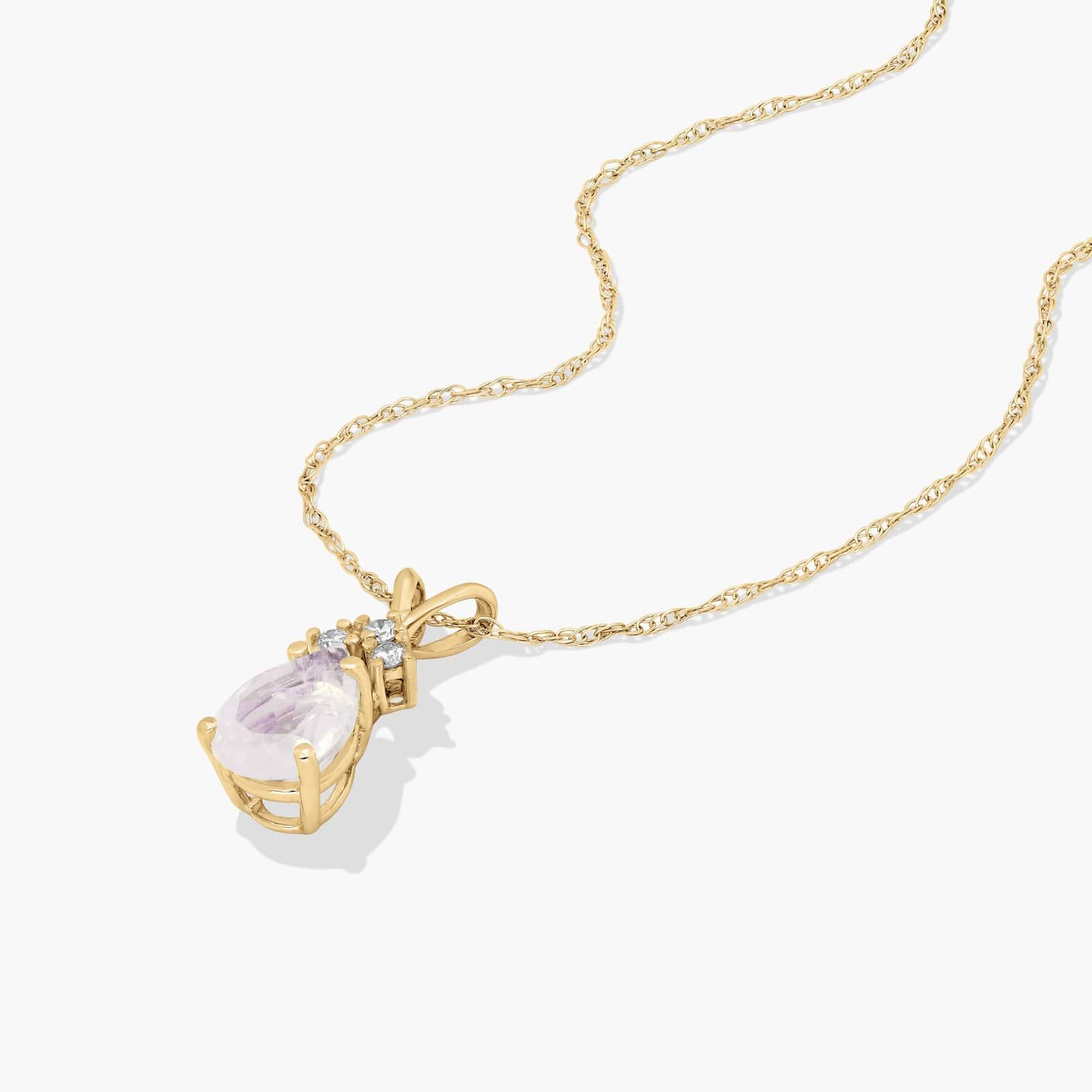 14K Yellow Gold Pear Shaped Rainbow Moonstone & Tri-Diamond Birthstone Pendant Necklace