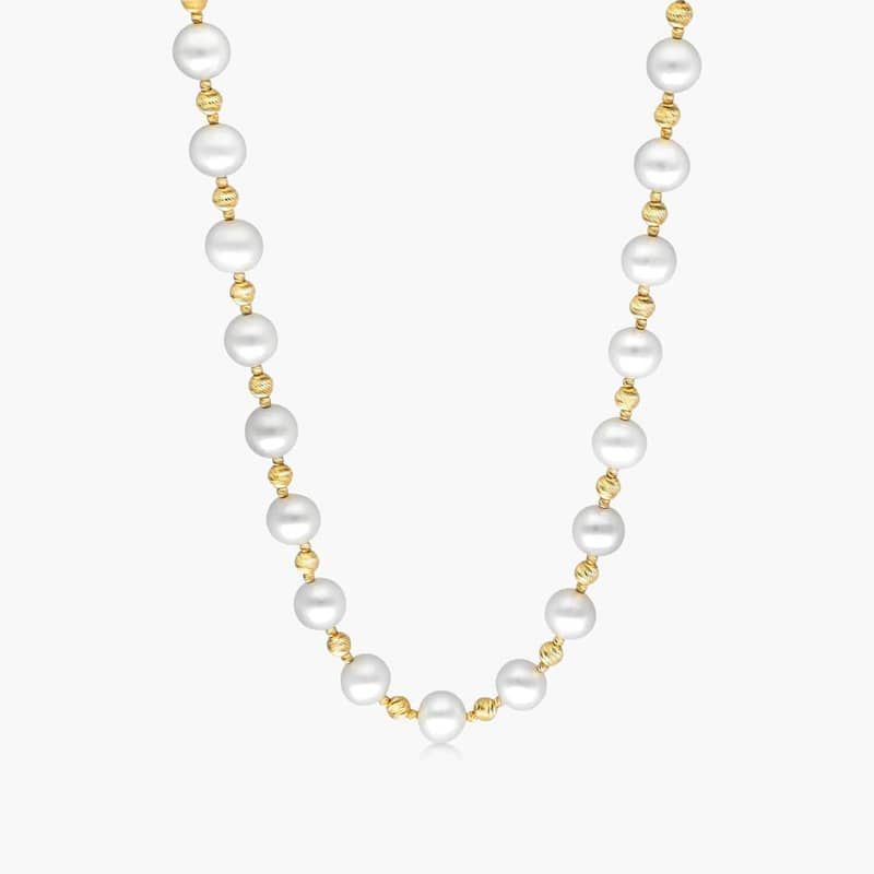 14K Yellow Gold Freshwater Cultured Pearl and Textured Bead Necklace (7.5-8.0mm) By James Allen