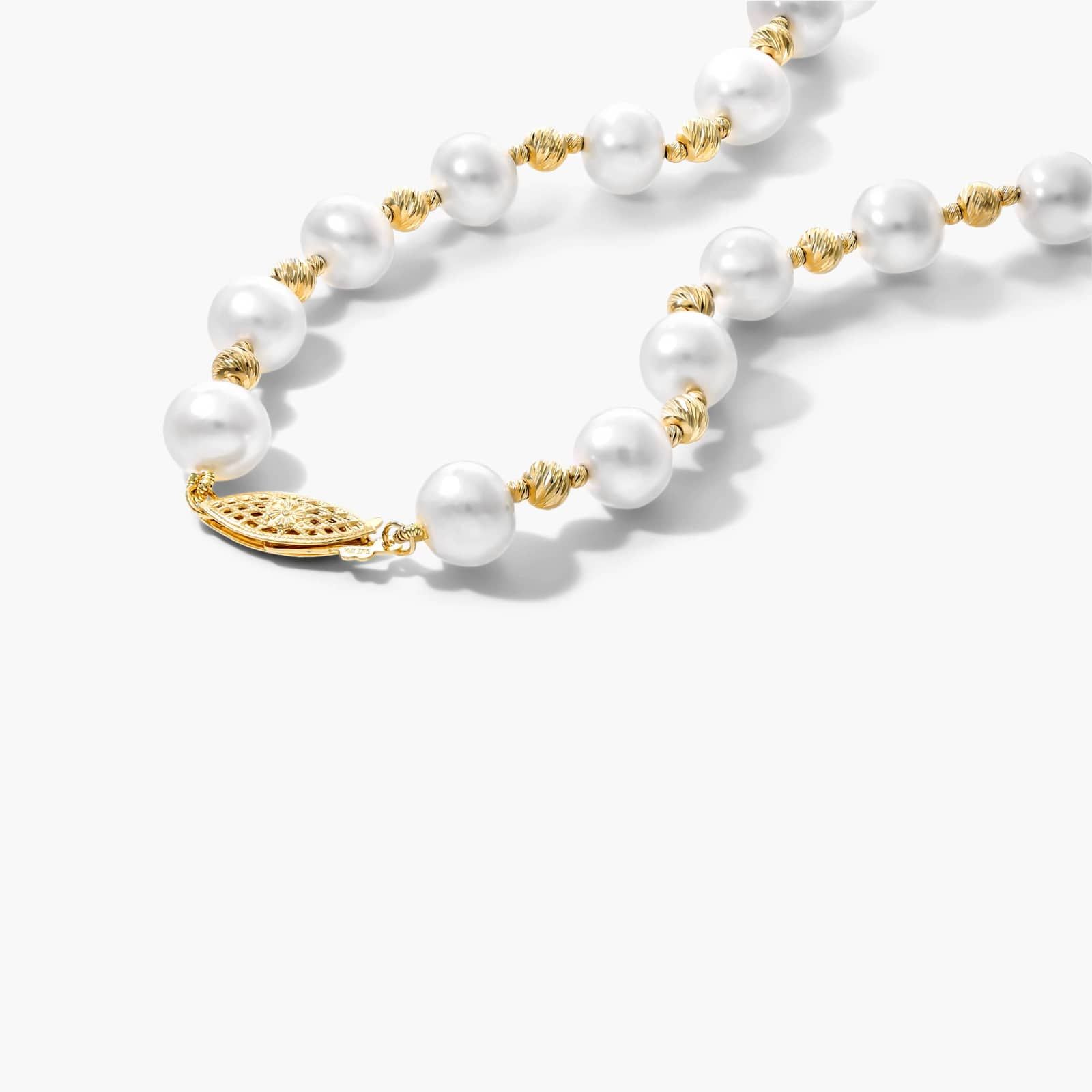14K Yellow Gold Freshwater Cultured Pearl and Textured Bead Necklace (7.5-8.0mm) By James Allen