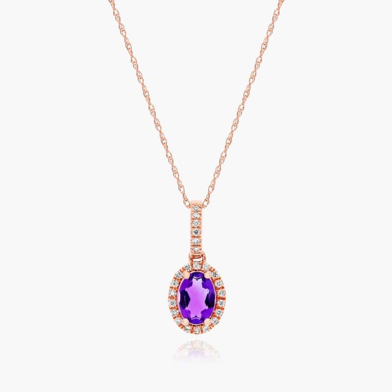 14K Rose Gold Oval Halo Amethyst and Diamond Necklace By James Allen