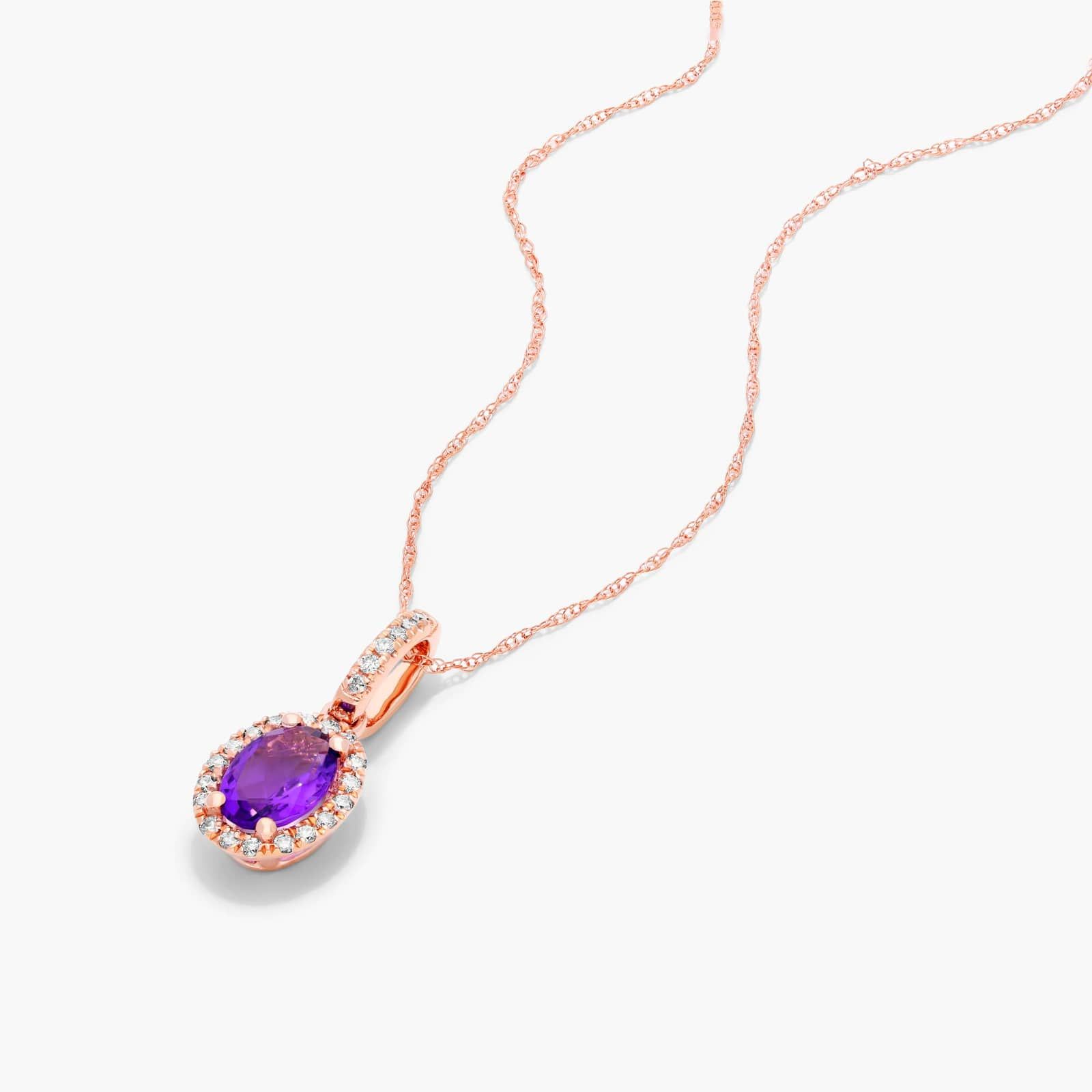 14K Rose Gold Oval Halo Amethyst and Diamond Necklace By James Allen