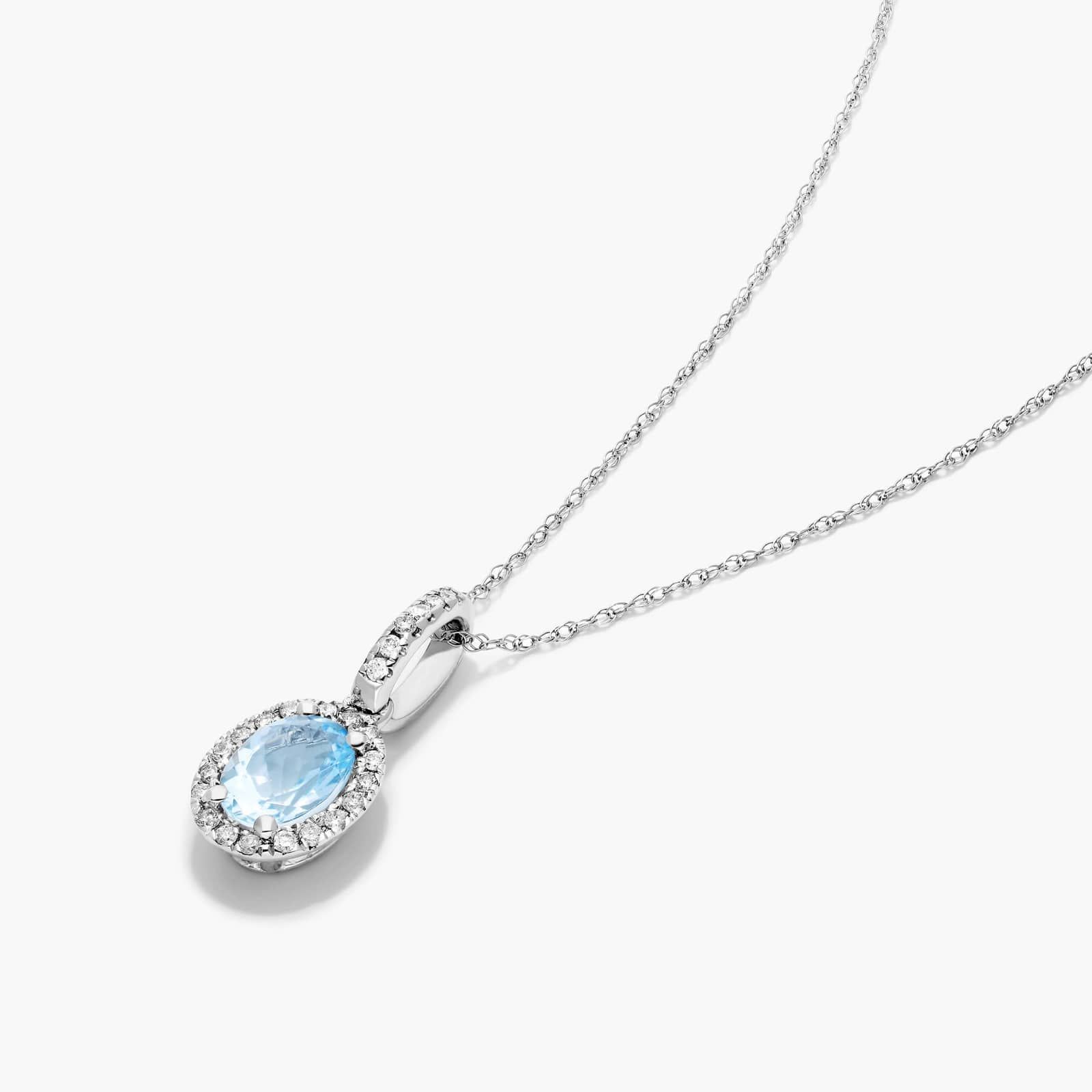 14K White Gold Oval Halo Aquamarine and Diamond Necklace By James Allen