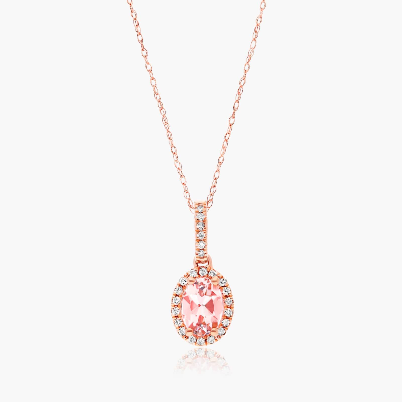 14K Rose Gold Oval Halo Morganite and Diamond Necklace By James Allen