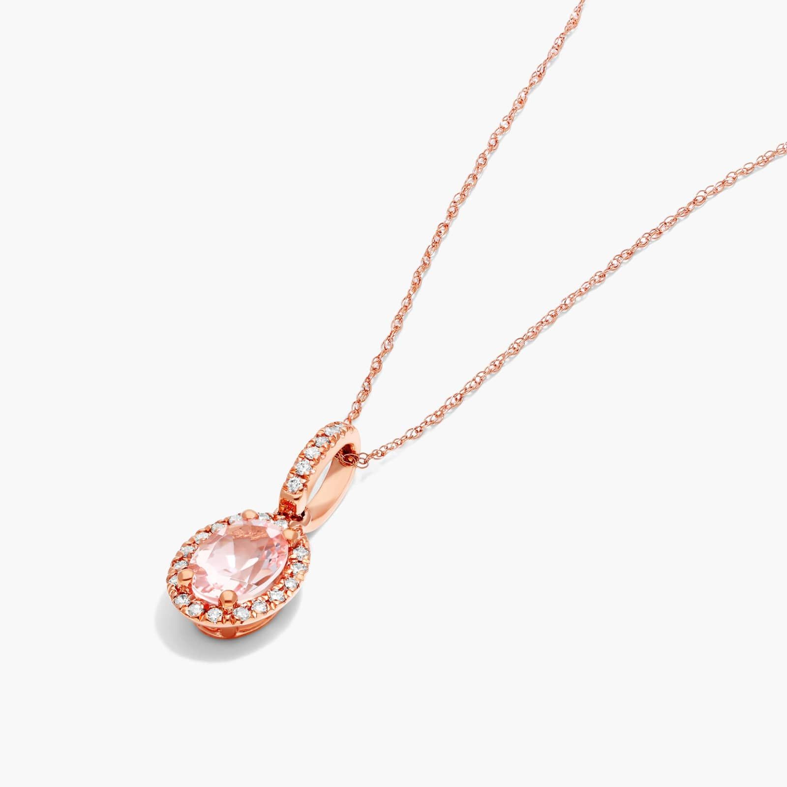 14K Rose Gold Oval Halo Morganite and Diamond Necklace By James Allen