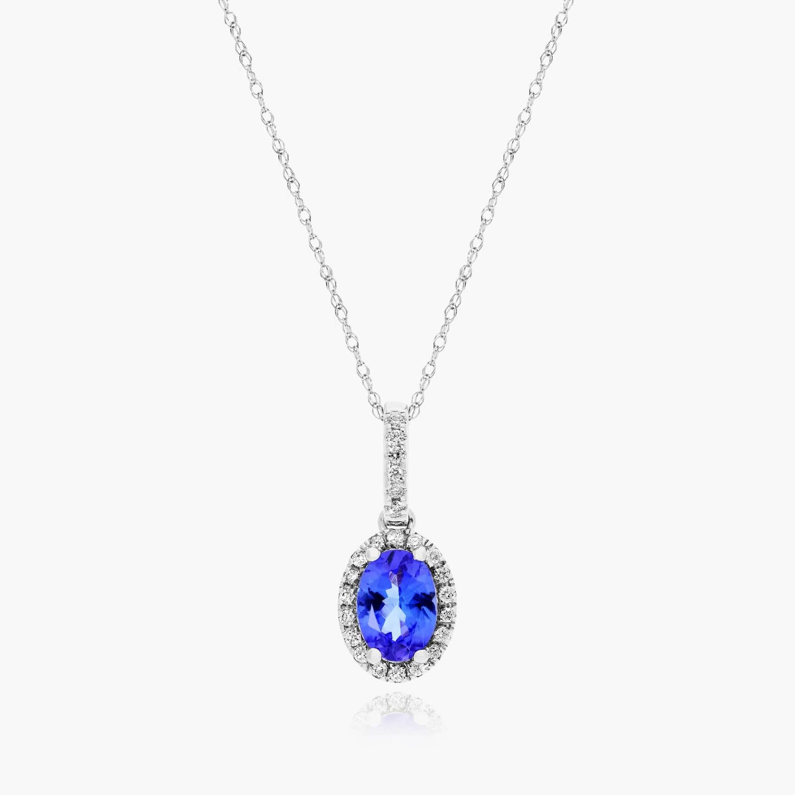 14K White Gold Oval Halo Tanzanite and Diamond Necklace By James Allen