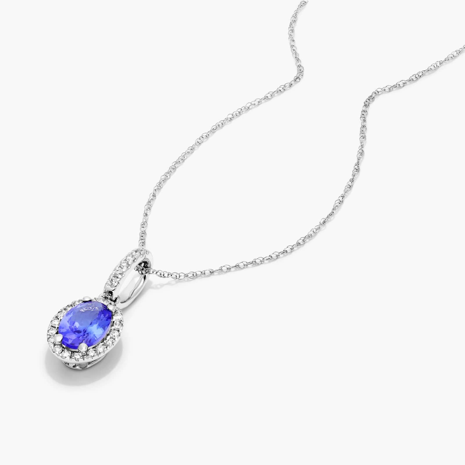 14K White Gold Oval Halo Tanzanite and Diamond Necklace By James Allen