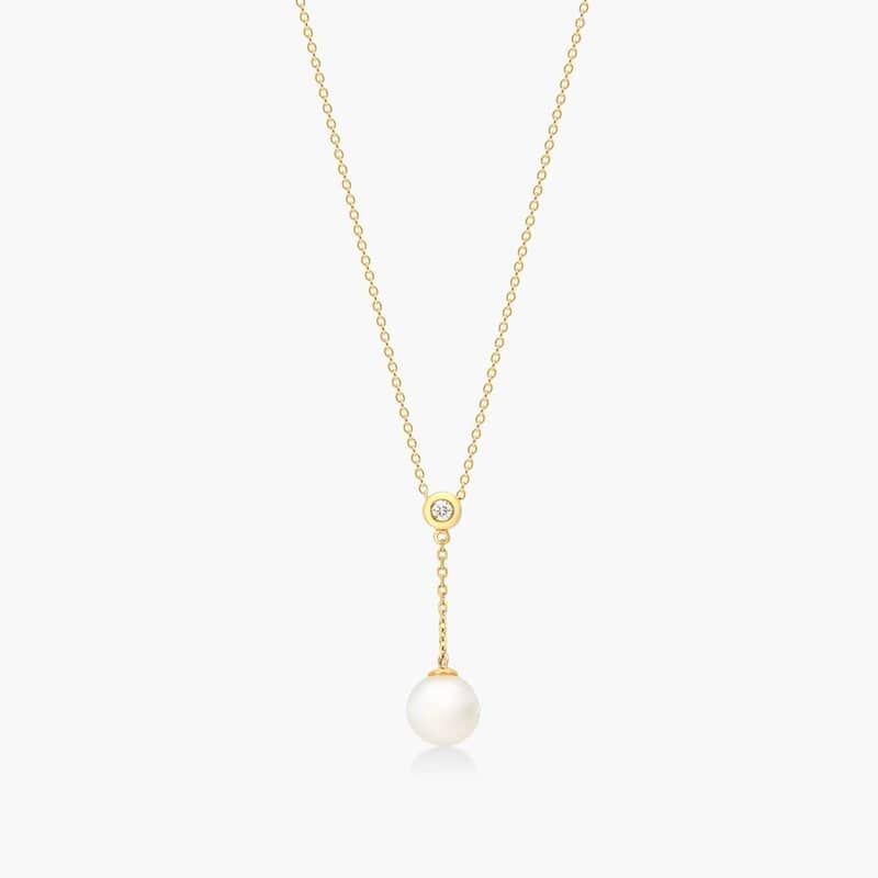 14K Yellow Gold Freshwater Pearl and Bezel Set Diamond Drop Necklace (8.0-8.5mm) By James Allen