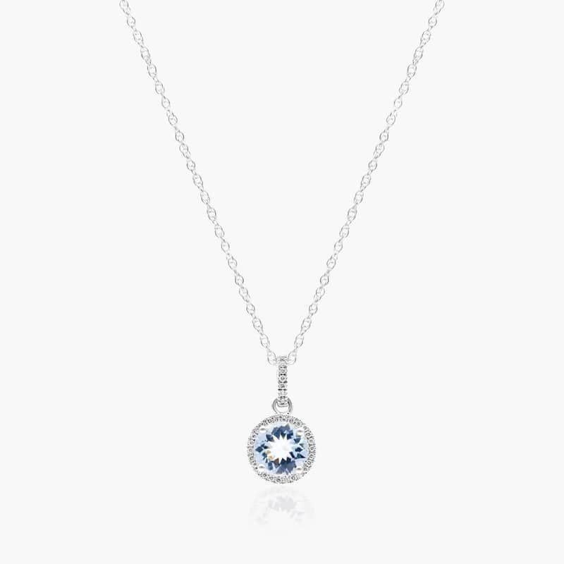 14K White Gold Aquamarine and Diamond Halo Necklace By James Allen