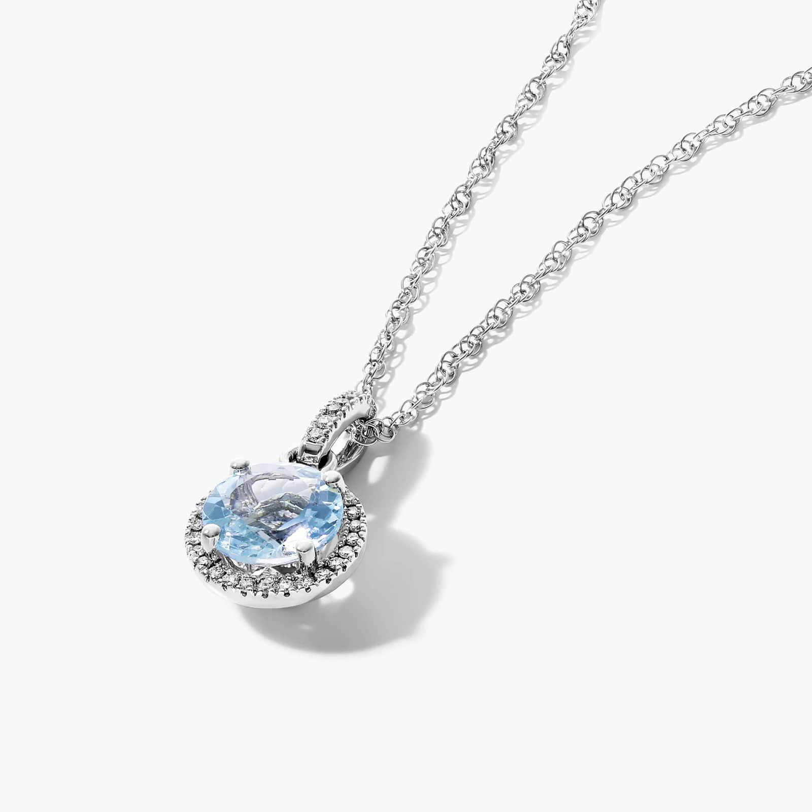 14K White Gold Aquamarine and Diamond Halo Necklace By James Allen
