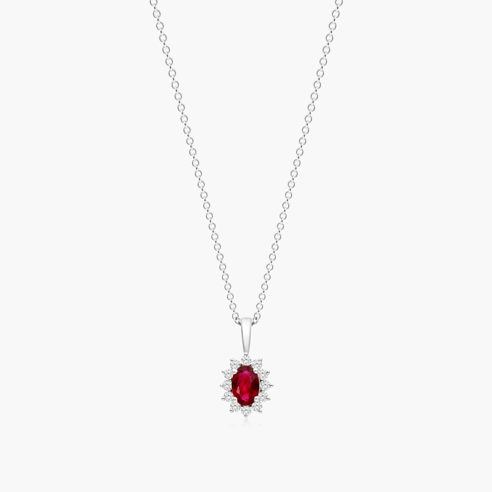 18K White Gold Oval Halo Ruby And Diamond Necklace By James Allen